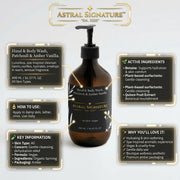 Informational image of Astral Signature Hand & Body Wash, Patchouli & Amber Vanilla highlighting its active ingredients such as Betaine, along with claims that it is vegan, hydrating, and suitable for all skin types. The amber packaging resonates with its cleansing properties for dehydrated skin.