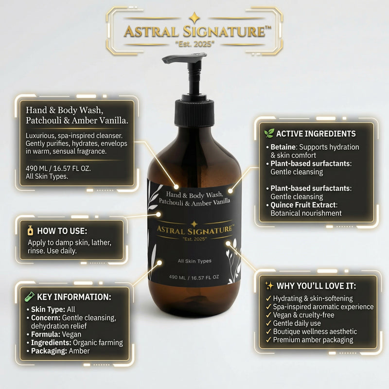 Informational image of Astral Signature Hand & Body Wash, Patchouli & Amber Vanilla highlighting its active ingredients such as Betaine, along with claims that it is vegan, hydrating, and suitable for all skin types. The amber packaging resonates with its cleansing properties for dehydrated skin.