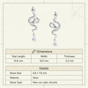 Detailed dimensions of the Serpentine Crystal Drops earrings by Astral Signature, emphasizing the drop design made from Eco-Brass. The White Gold Plated Eco-Brass and Sterling Silver (S925) components highlight the zirconia stones perfectly.