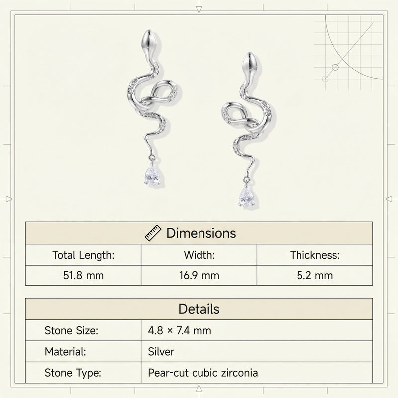 Detailed dimensions of the Serpentine Crystal Drops earrings by Astral Signature, emphasizing the drop design made from Eco-Brass. The White Gold Plated Eco-Brass and Sterling Silver (S925) components highlight the zirconia stones perfectly.