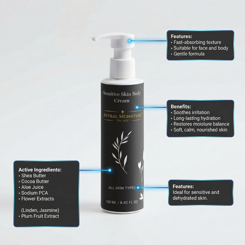 Informational graphic highlighting features of the Sensitive Skin Body Cream by Astral Signature. This moisturizer is formulated for all skin types with a fast-absorbing action, containing active ingredients such as Aloe Juice, Cocoa Butter, and Shea Butter, ensuring deep hydration and soothing for sensitive skin.