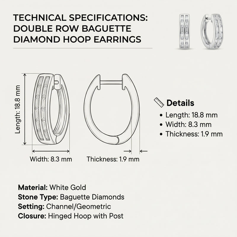 Technical specifications of the Crystal Avenue Hoops by Astral Signature, detailing dimensions and materials of the Eco-Brass earrings featuring zirconia and S925 sterling silver.