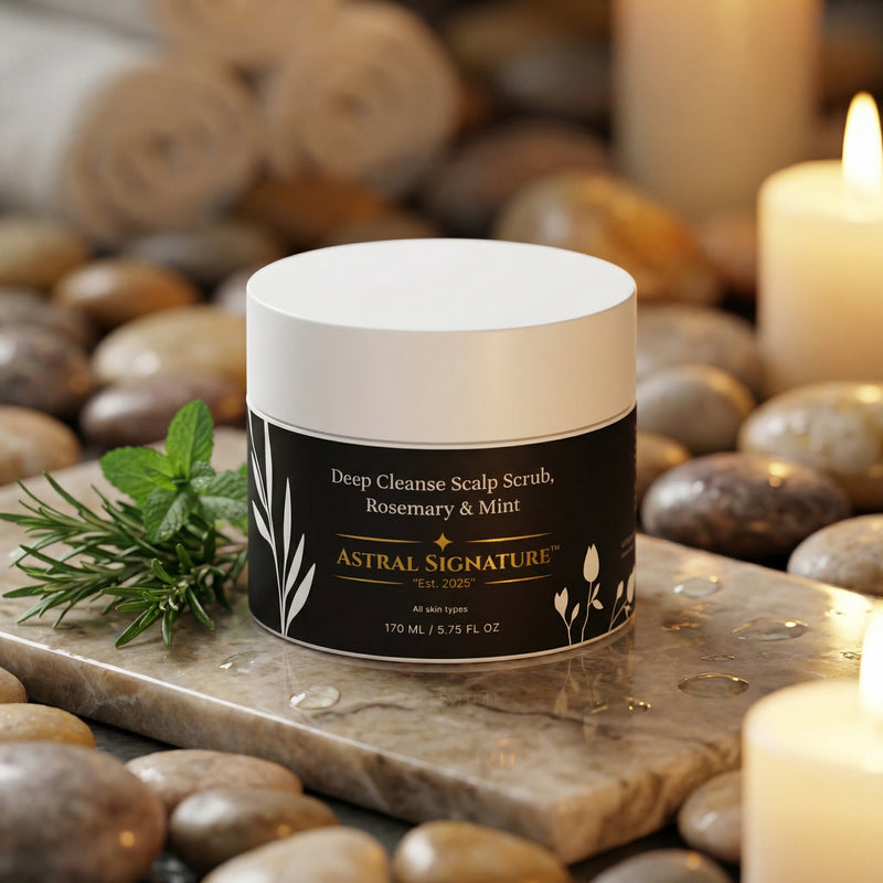 Deep Cleanse Scalp Exfoliator by Astral Signature displayed on natural stones. This exfoliator comes in a white package and is ideal for all skin types. Enriched with Rosemary Oil and Keratin, it effectively removes buildup and addresses lack of glow and volume, making it an essential hair-care product.