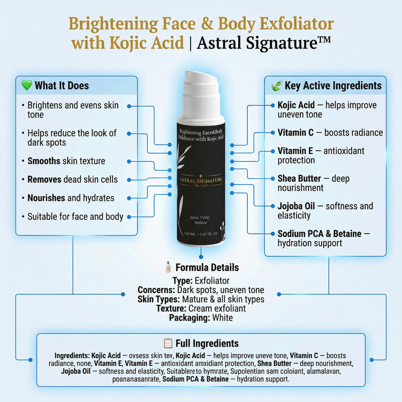 Infographic detailing Brightening Face & Body Exfoliator with Kojic Acid by Astral Signature, highlighting its key benefits and active ingredients. This exfoliator targets dark spots and promotes smoother skin with components such as Kojic Acid, Shea Butter, and Sodium PCA, suitable for mature skin.