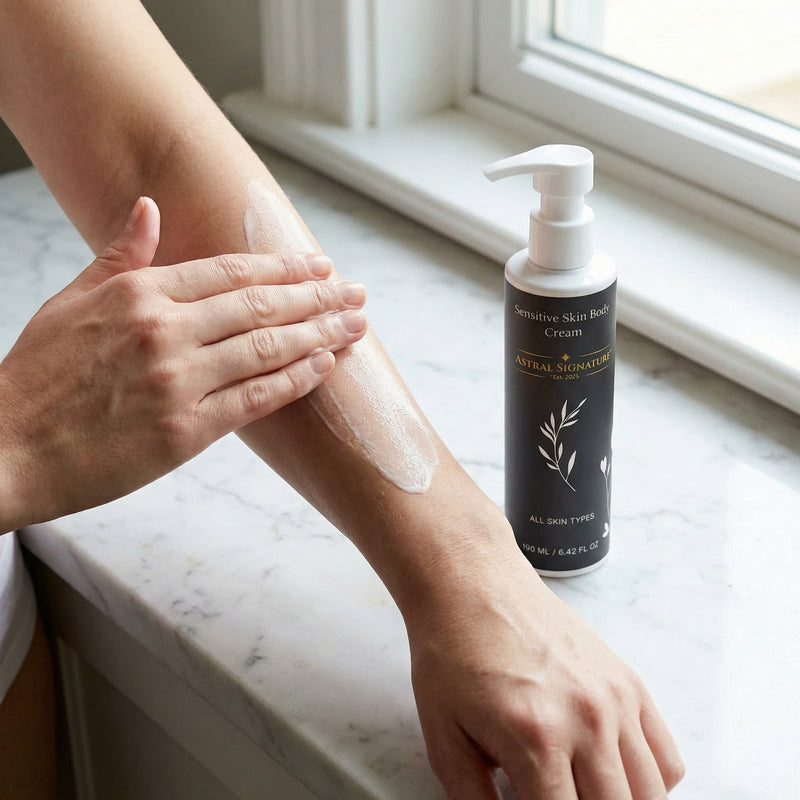 A person applying Sensitive Skin Body Cream by Astral Signature on their arm. This body cream, suitable for all skin types, delivers deep hydration with a fast-absorbing formula, featuring active ingredients like Aloe Juice and Shea Butter, effectively soothing and moisturizing sensitive skin.