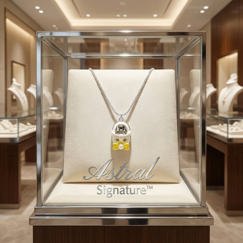The Cosmic Dreamer Necklace displayed elegantly in a glass showcase, featuring a playful chrome egg pendant with a yellow bow by Astral Signature, showcasing its white gold plated Eco-Brass shine. Cosmic Dreamer Necklace, Eco-Brass Necklaces, Necklace, White Gold Plated Eco-Brass.
