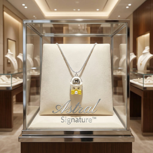The Cosmic Dreamer Necklace displayed elegantly in a glass showcase, featuring a playful chrome egg pendant with a yellow bow by Astral Signature, showcasing its white gold plated Eco-Brass shine. Cosmic Dreamer Necklace, Eco-Brass Necklaces, Necklace, White Gold Plated Eco-Brass.