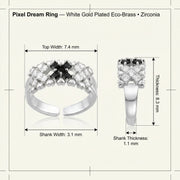 Detailed specifications of the Pixel Dream Ring — White Gold Plated Eco-Brass • Zirconia by Astral Signature, illustrating its top width, shank width, and thickness. This adjustable eco-brass ring shines with zirconia and is perfect as a Gift for Her.