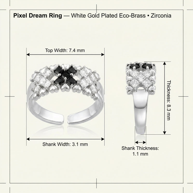 Detailed specifications of the Pixel Dream Ring — White Gold Plated Eco-Brass • Zirconia by Astral Signature, illustrating its top width, shank width, and thickness. This adjustable eco-brass ring shines with zirconia and is perfect as a Gift for Her.