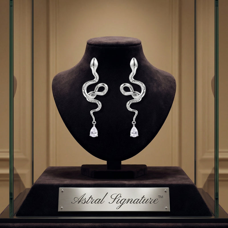 Serpentine Crystal Drops displayed in an elegant case by Astral Signature, showcasing exquisite drops and earrings made from Eco-Brass. These White Gold Plated Eco-Brass earrings are adorned with zirconia and Sterling Silver (S925) elements.
