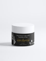 Deep Cleanse Scalp Exfoliator from Astral Signature, featuring a white packaging color. This exfoliator is designed for all skin types and effectively removes buildup while promoting a healthy scalp. Infused with Rosemary Oil and Keratin, it addresses concerns of lack of glow and volume in hair. Exfoliator for a revitalized hair-care routine.