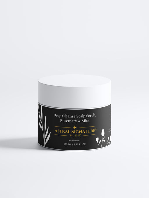 Deep Cleanse Scalp Exfoliator from Astral Signature, featuring a white packaging color. This exfoliator is designed for all skin types and effectively removes buildup while promoting a healthy scalp. Infused with Rosemary Oil and Keratin, it addresses concerns of lack of glow and volume in hair. Exfoliator for a revitalized hair-care routine.