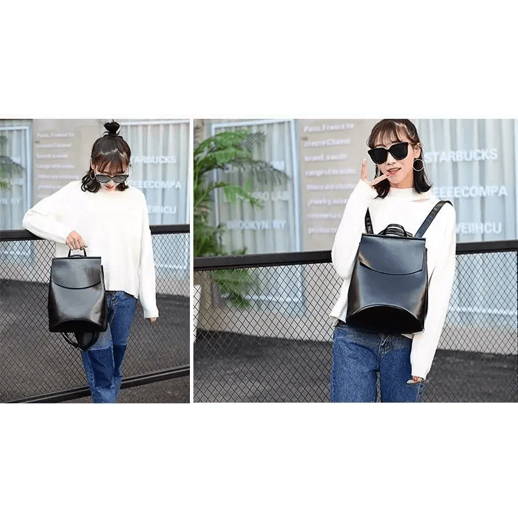 New model wearing the Urban Guard Backpack by Stevvex showcasing its shiny black finish, perfect for everyday use. Shop at Shopify Collective.