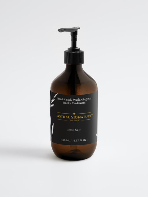Astral Signature Hand & Body Wash, Ginger & Smoky Cardamom in an amber bottle, suitable for all skin types. This vegan formula features natural certified ingredients, hydrating betaine, and is allergen label free, gentle to skin, gluten-free, and nut-free. Perfect for cleansing and ideal for those with dehydrated skin.