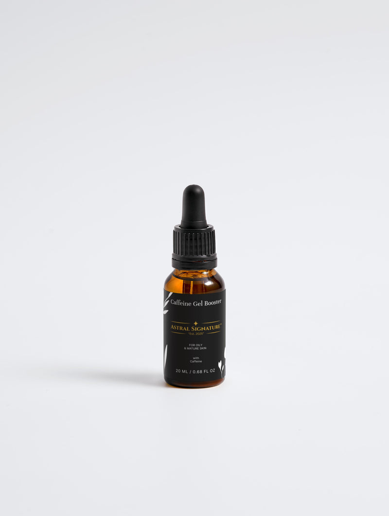 Front view of the Caffeine Gel Booster - Energizing Formula for Puffiness by Astral Signature. This amber gel boosts hydration for oily and mature skin types, utilizing caffeine as an active ingredient to combat under-eye fatigue and support a natural certified skincare routine.