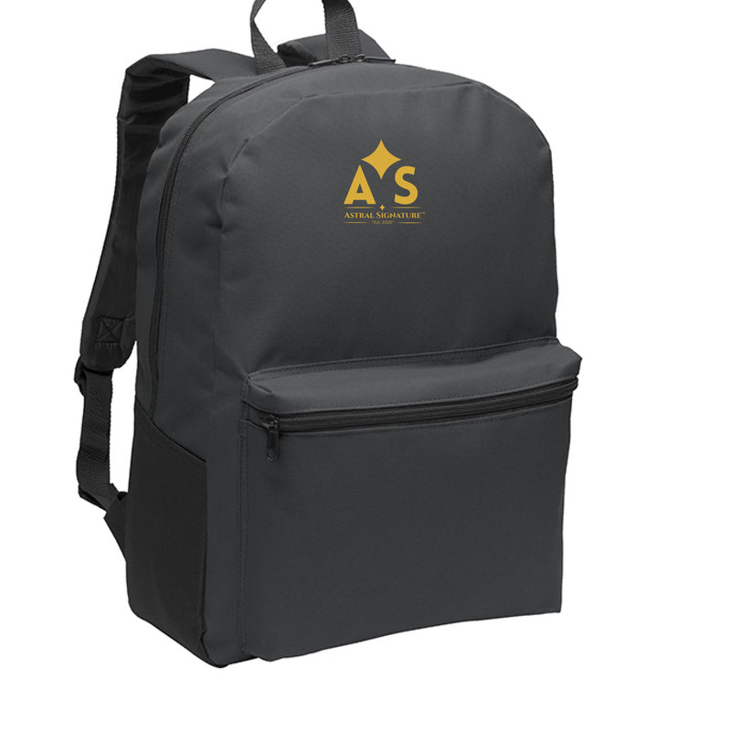 Astral Signature Prestige Backpack in dark grey showcasing the gold AS monogram, a sleek choice for everyday use. A practical accessory for professionals and students.