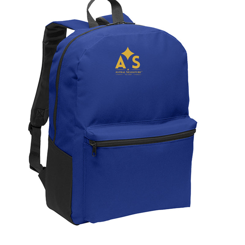 Astral Signature Prestige Backpack in blue featuring a gold AS monogram, perfect for school or casual outings. A stylish accessory for any setting.
