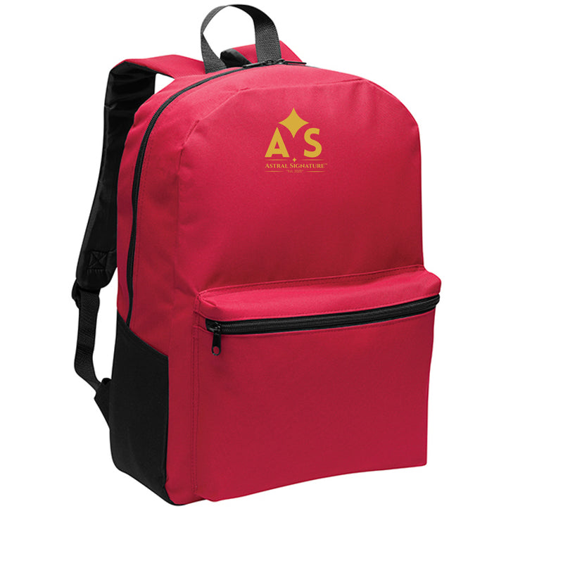 Astral Signature Prestige Backpack in red with gold AS monogram, delivering a pop of color while maintaining functionality. A vibrant accessory for students and travelers.