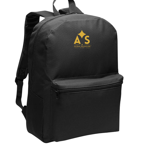 Astral Signature Prestige Backpack in dark charcoal with gold AS monogram, designed for modern movement and everyday reliability. Ideal accessory for work or travel.