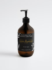 Astral Signature Hand & Body Wash, Patchouli & Amber Vanilla in amber packaging, suitable for all skin types, features natural ingredients like Betaine for hydration. This vegan body wash is gentle on the skin, gluten-free, nut-free, and allergen label free, cleansing and hydrating dehydrated skin with a soothing fragrance.