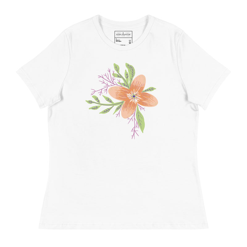 Floral design close-up on the Women’s Relaxed Tee - Astral Spring T-Shirt from Astral Signature, emphasizing its artistic quality. This limited edition top makes a thoughtful gift for her, ideal for women's fashion.