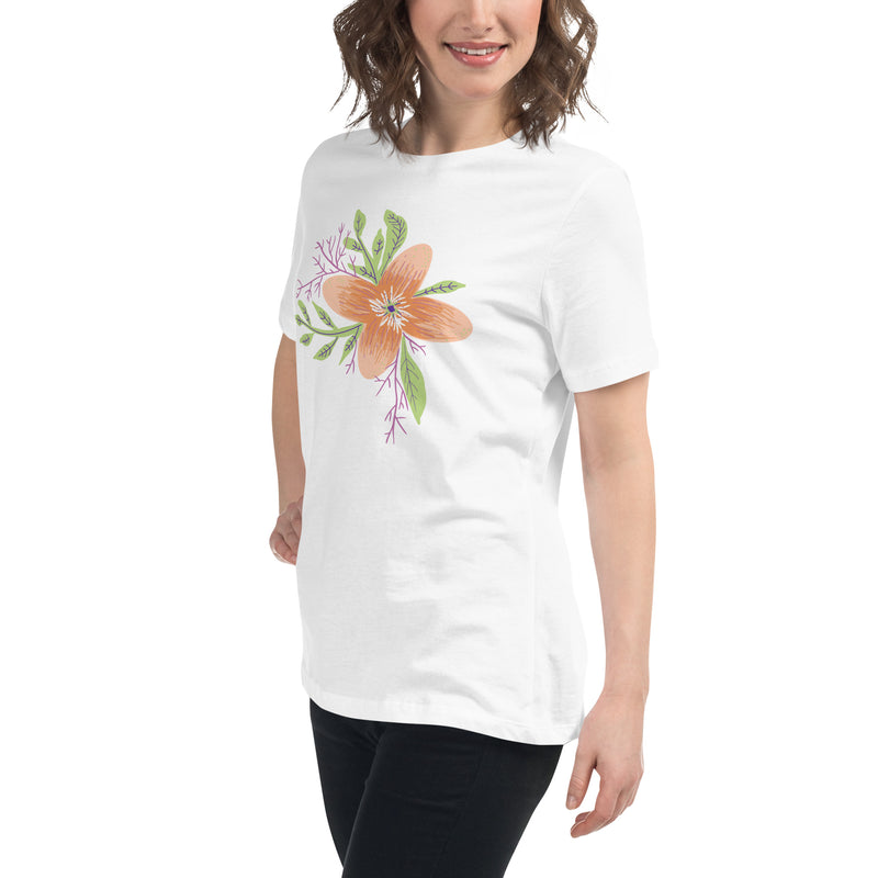 Close-up of the floral design on the Women’s Relaxed Tee - Astral Spring T-Shirt by Astral Signature, emphasizing its artistic appeal. This limited edition top is a lovely gift for her, enhancing women’s style.