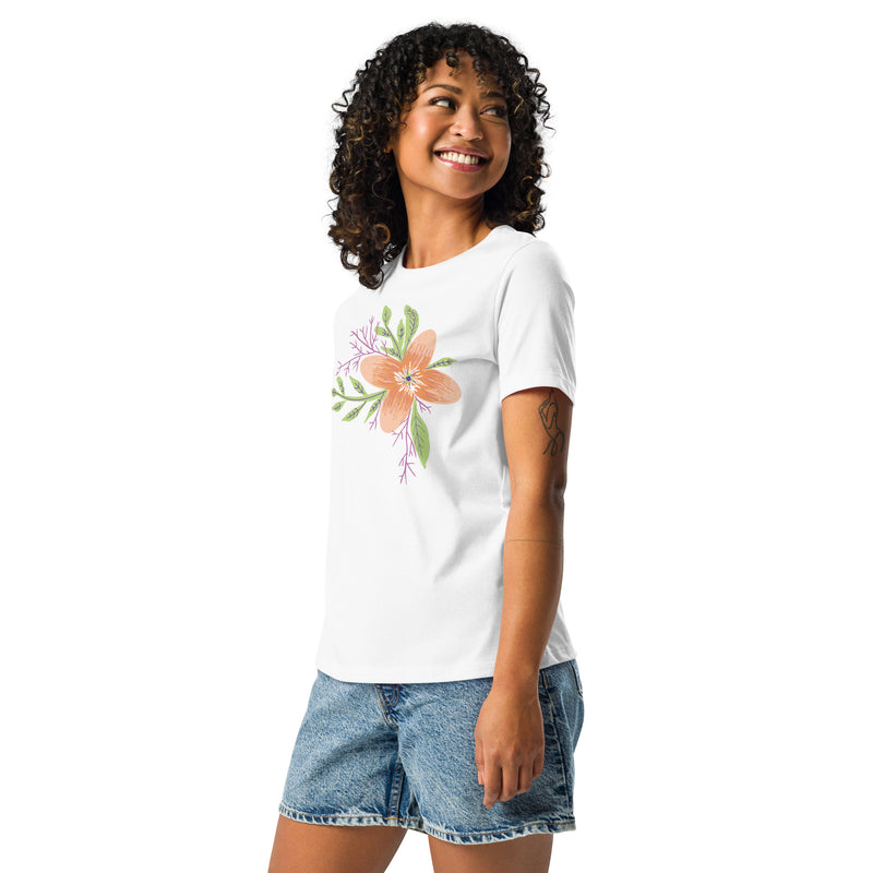 Model in the Women’s Relaxed Tee - Astral Spring T-Shirt from Astral Signature, smiling and enjoying a sunny day. This limited edition piece makes an ideal gift for her, perfect for enhancing women’s style and clothing.
