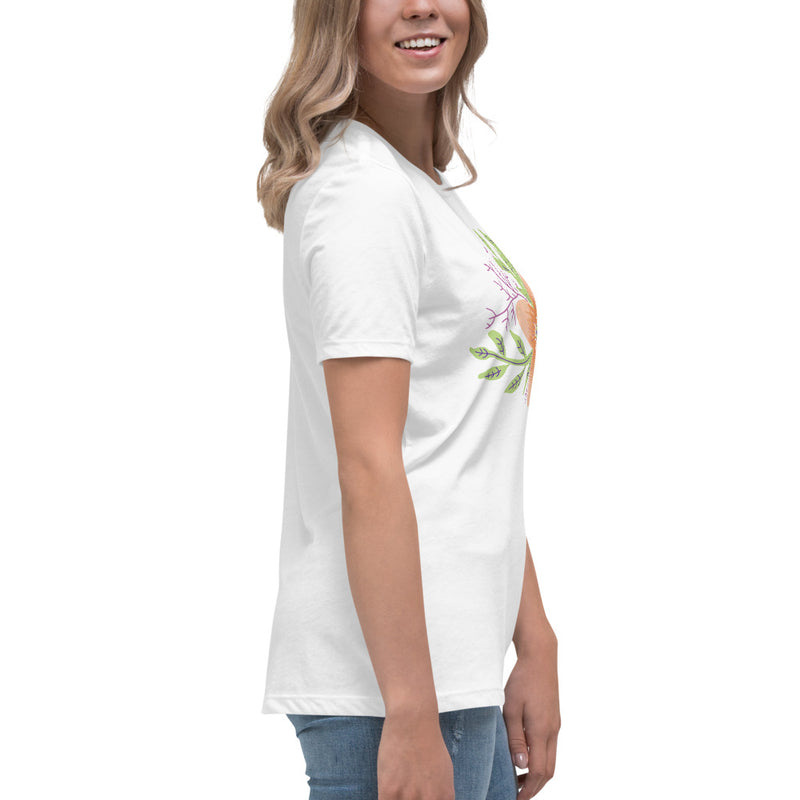 Front view of a model wearing the Women’s Relaxed Tee - Astral Spring T-Shirt from Astral Signature, smiling in a casual setting. This limited edition shirt is an ideal gift for her, combining comfort and women’s style.